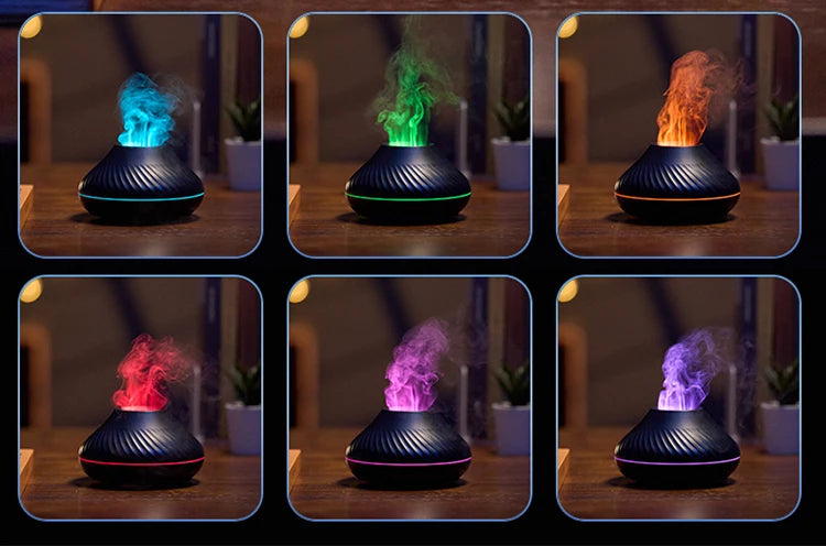 KINSCOTER Volcanic Aroma Diffuser Essential Oil Lamp 130ml USB Portable Air Humidifier with Color Flame Night Light