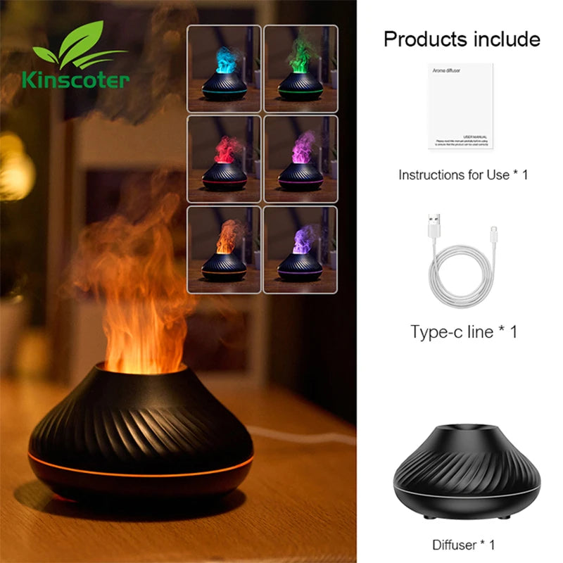 KINSCOTER Volcanic Aroma Diffuser Essential Oil Lamp 130ml USB Portable Air Humidifier with Color Flame Night Light