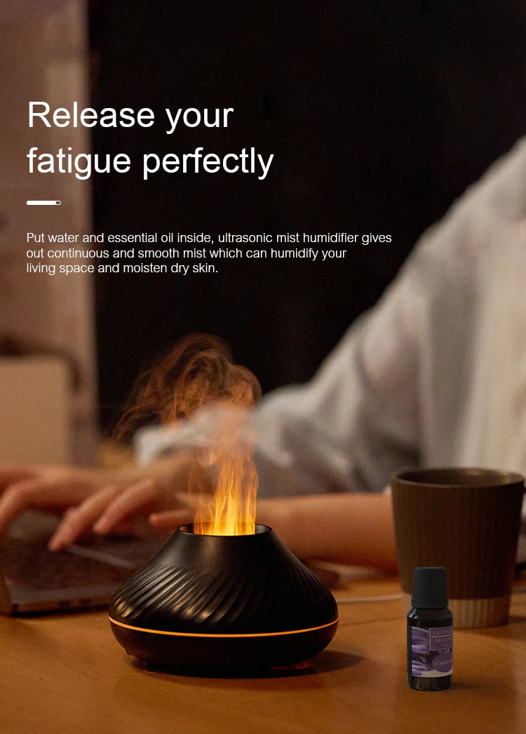 KINSCOTER Volcanic Aroma Diffuser Essential Oil Lamp 130ml USB Portable Air Humidifier with Color Flame Night Light