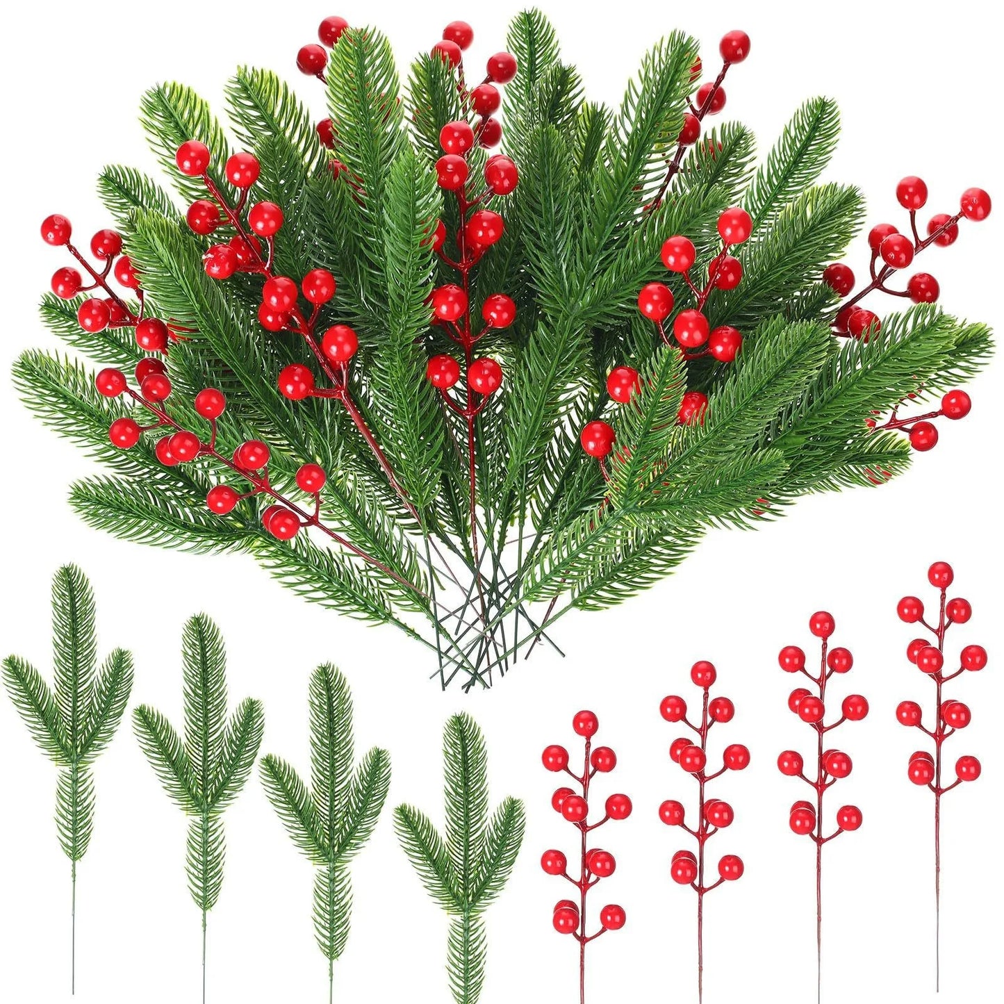 10pcs Artificial Pine Branches Christmas Holly Red Berries Stems for Xmas Tree DIY Wreath Decorations Christmas Home Decoration